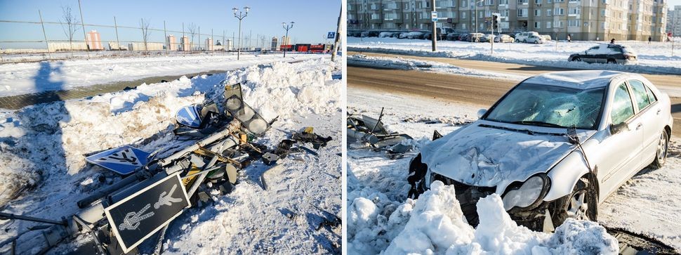 Аварийный авто Mersedes на заснеженной дороге в Минске